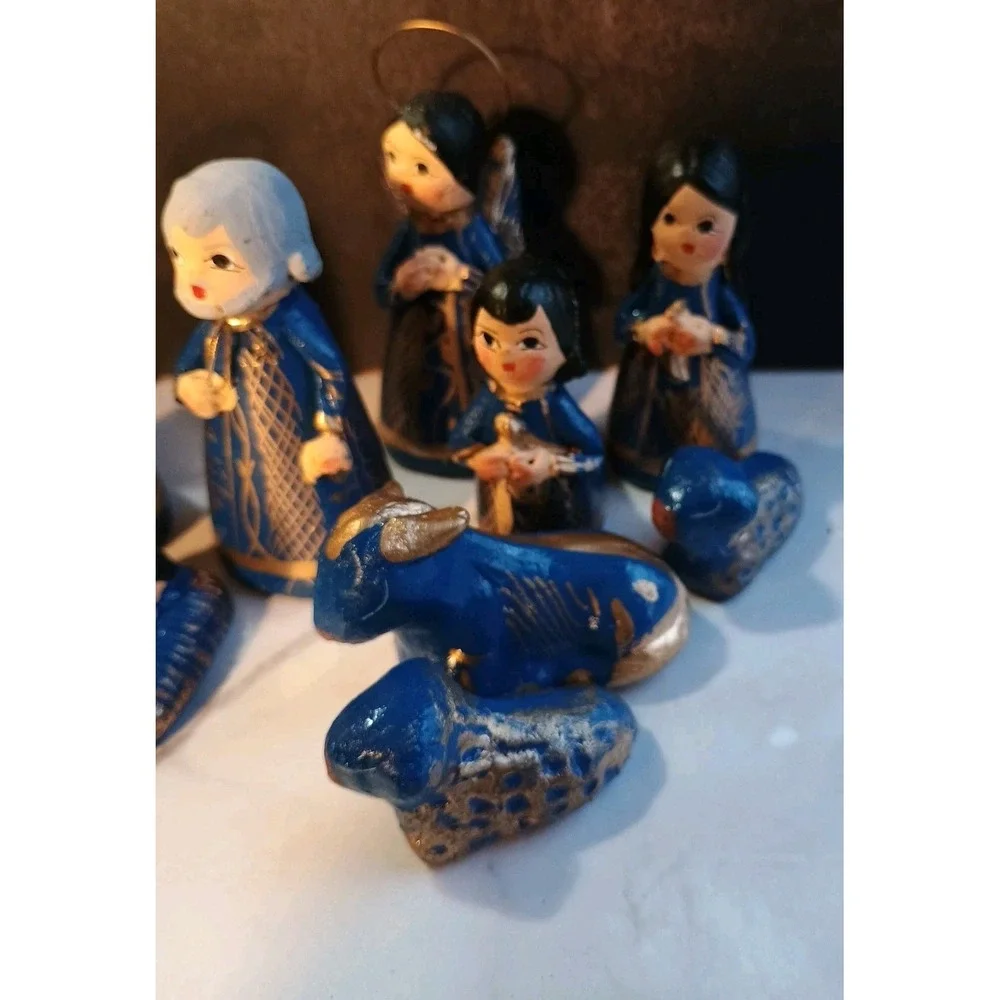 14 Piece Mexican Folk Art Christmas Nativity Set‎ Handpainted Blue Gold